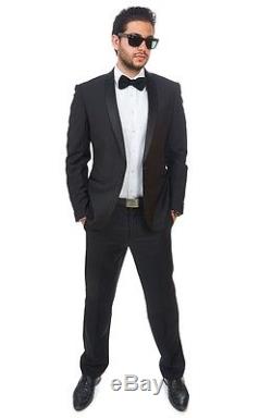 Slim Fit Men Shawl Lapel Tuxedo Black 1 Button Flat Front Pants Slim Style Suit