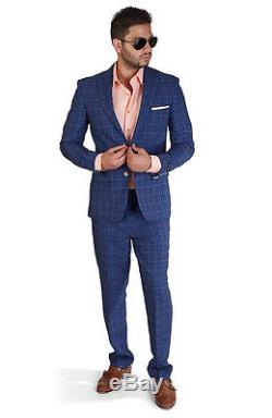 Slim Fit Men Suit 2 Button Indigo Blue Windowpane Plaid Peak Lapel By Azar Man