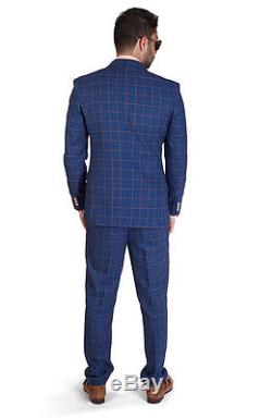 Slim Fit Men Suit 2 Button Indigo Blue Windowpane Plaid Peak Lapel By Azar Man