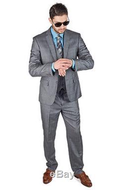 Slim Fit Men Suit 3 Piece Vested Plaid Grey Notch Lapel Double Vents AZAR MAN