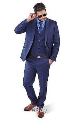 Slim Fit Men Suit Blue 2 Button Checkered Windowpane Plaid Vest Optional By Azar