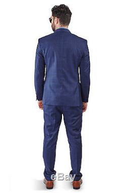 Slim Fit Men Suit Blue 2 Button Checkered Windowpane Plaid Vest Optional By Azar