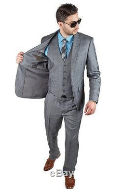 Slim Fit Suit 3 Piece Vested 2 Button Plaid Grey Fitted Notch Lapel By AZAR MAN