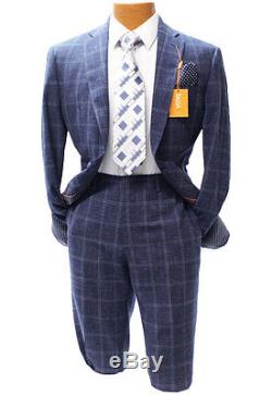 Tallia Navy Blue Wool and Linen Windowpane Slim Fit Suit