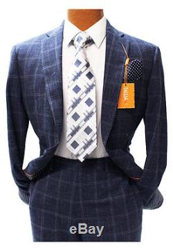 Tallia Navy Blue Wool and Linen Windowpane Slim Fit Suit