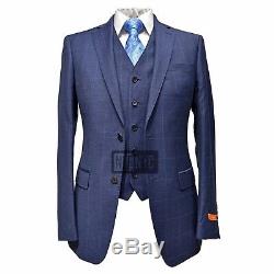 Tallia Orange Men's 100% Wool Slim Fit Plaid Two Button Vested Suit Navy Blue