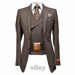 Tallia Orange Men's 100% Wool Slim Fit Windowpane Two Button Vested Suit Brown