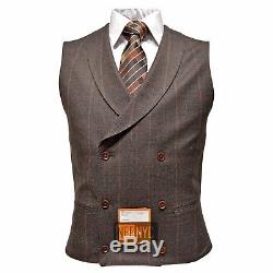 Tallia Orange Men's 100% Wool Slim Fit Windowpane Two Button Vested Suit Brown