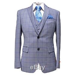 Tallia Orange Men's 100% Wool Slim Fit Windowpane Two Button Vested Suit Lt Blue