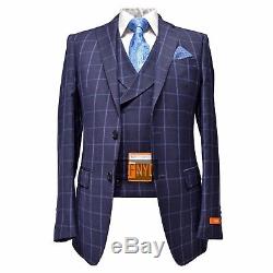 Tallia Orange Men's 100% Wool Slim Fit Windowpane Two Button Vested Suit Navy