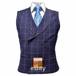 Tallia Orange Men's 100% Wool Slim Fit Windowpane Two Button Vested Suit Navy