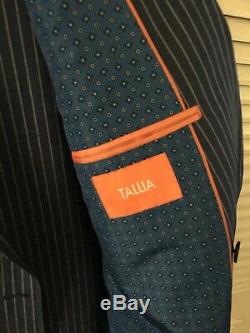 Tallia Striped Double Breasted Wool Slim Fit Blue Suit 46R With 8 Inch Drop