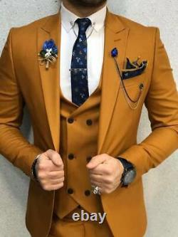 Wedding Suit For Men 3 Piece Mustard Groom Slim Fit Party Wear Dinner Coat Pants