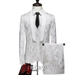 White 3 Pcs Mens Suits Blazer Floral Slim Fit Wedding One Button Groom Tuxedos L